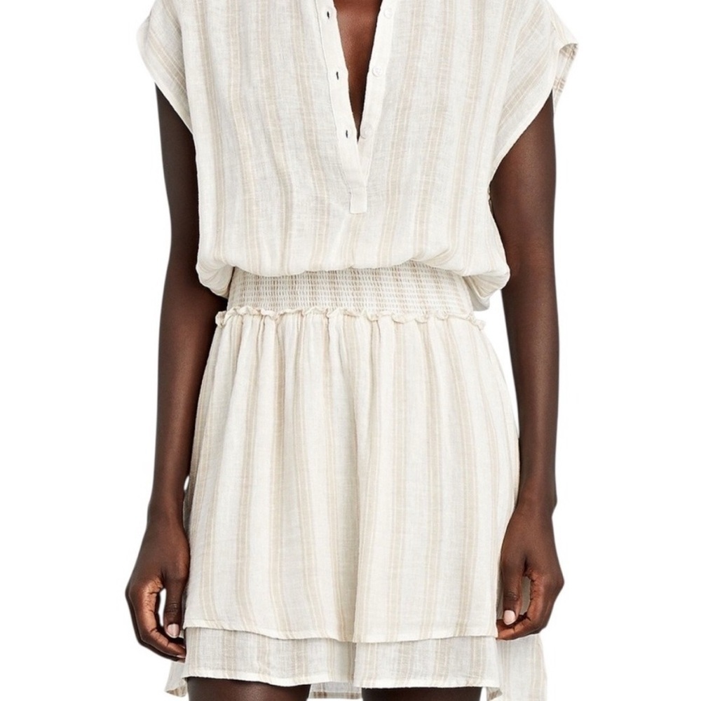 RAILS Angelina Mini Dress Latte Stripe Smocked Sz Small Linen Blend Tiered Boho